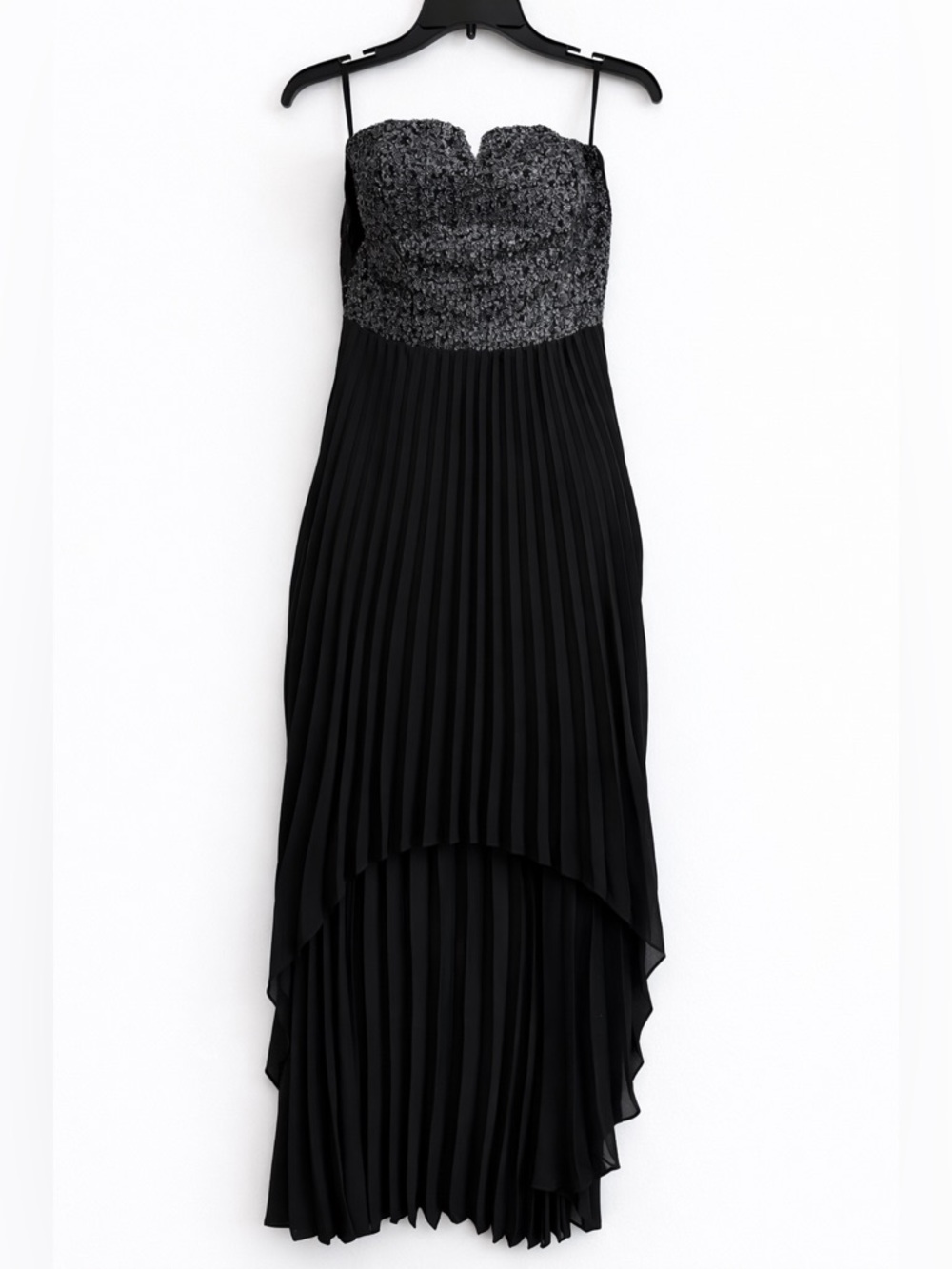 Bebe Black Strapless Sequin & Pleated High-Low Maxi Dress Size S